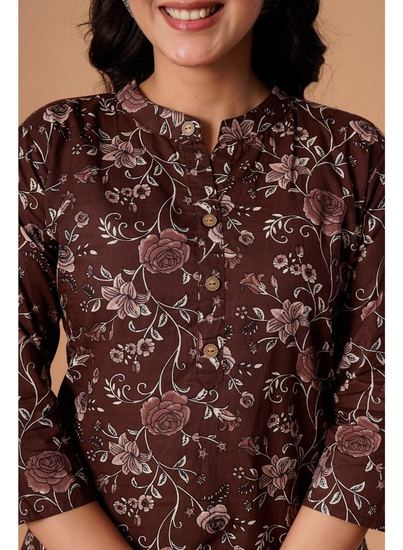 Aasira Brown Floral Printed Short Kurti for Women - Image 3